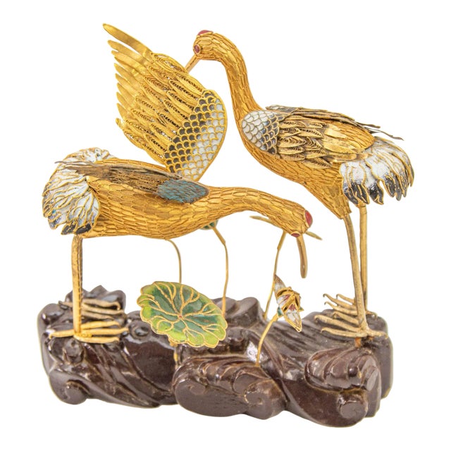 Vintage Chinese Metal Gilt Filigree and Enamel Cranes Figures on Wooden Stand For Sale