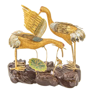 Vintage Chinese Metal Gilt Filigree and Enamel Cranes Figures on Wooden Stand