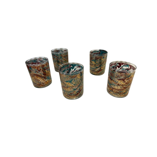 Set of 5 Double Old Fashion Glasses with gorgeous, swirled, peacock pattern in deep red, teal and 22-karat gold. Hand wash...