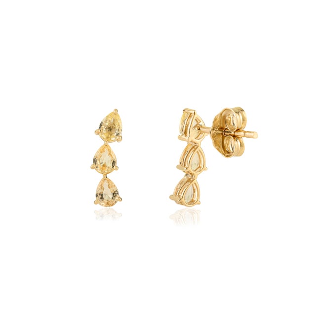 Modern 1.16 Ct Yellow Sapphire Three Stone Minimalist Stud Earrings in 14k Gold- A Pair For Sale In New York - Image 6 of 14