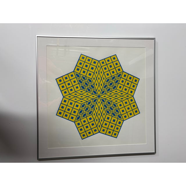 Geometric limited edition, signed and numbered by Roy Ahlgren in the 1980's. Newly framed in silver metal.