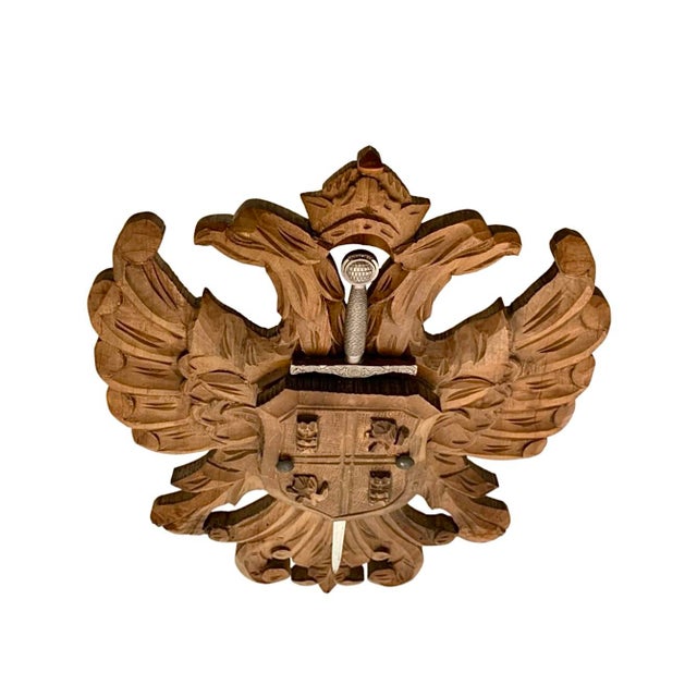 Late 20th Century Shield Double Headed Eagle Hand Carved Wood With Sword Plaque Vintage Coat Arms For Sale - Image 4 of 6