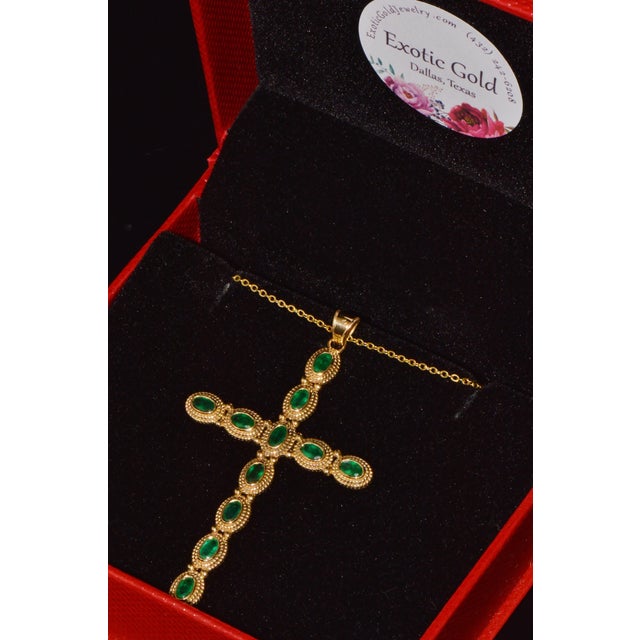 Certified Natural 2.78cts Emerald 18k 750 Solid Gold Filigree Cross Byzantine Etruscan Pendant For Sale - Image 11 of 11