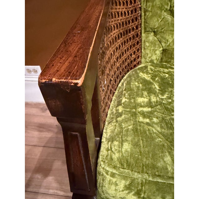 Mid-Century Modern Vintage Green Velvet & Cane Accent Chair W/ Cushion For Sale - Image 3 of 14