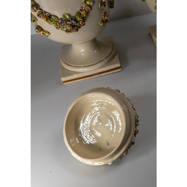 Mid-Century Pair of Italian Capodimonte or Nove Style Floral Covered Urns For Sale - Image 12 of 16