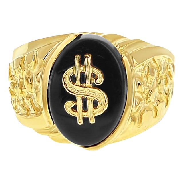 Money Sign Onyx Signet Ring 10k Yellow Gold, Size 11 For Sale