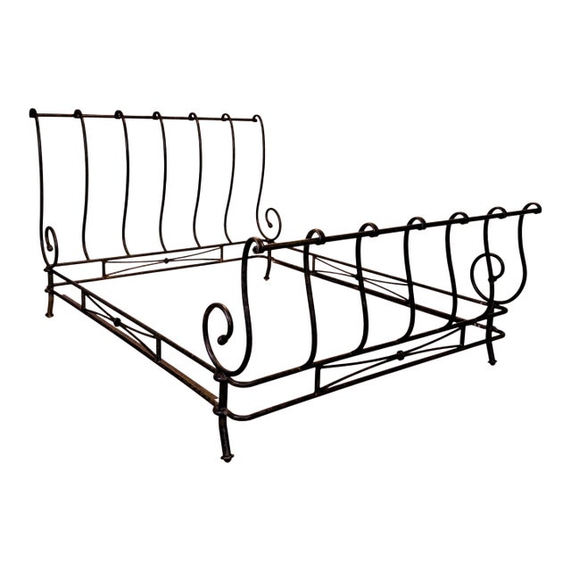 Vintage Signed Brown Jordan "Autumn Guild" Wrought Iron Queen Sleigh Bed For Sale