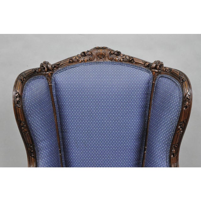 French Antique French Renaissance Louis XV Style Carved Walnut Wingback Arm Chair For Sale - Image 3 of 18