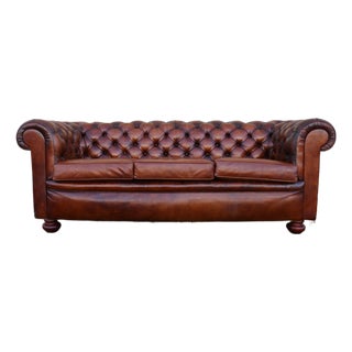1940s Pegasus Tufted Chesterfield Sofa in Distressed Brown Leather For Sale