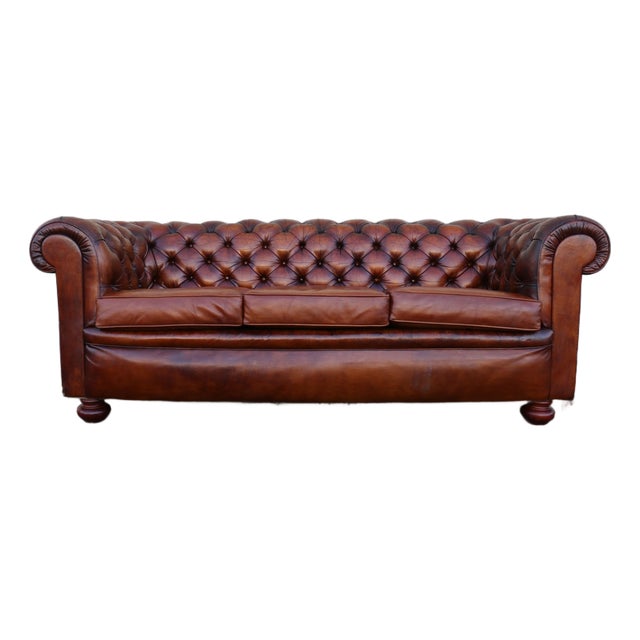1940s Pegasus Tufted Chesterfield Sofa in Distressed Brown Leather For Sale