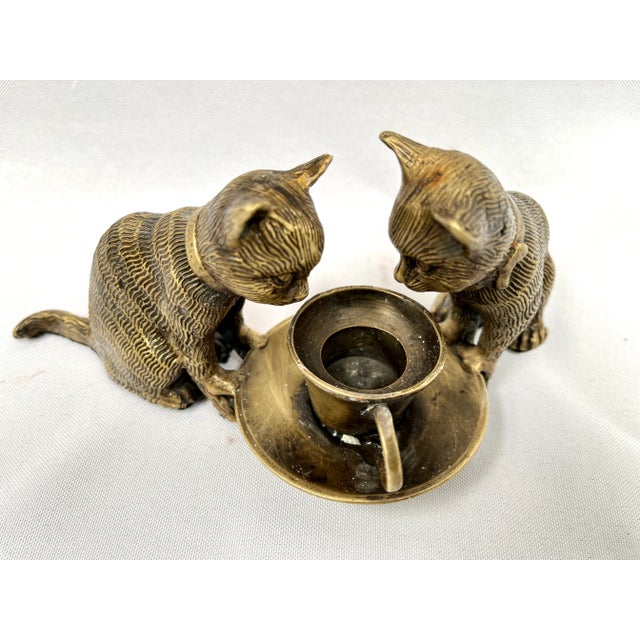 Mid 20th Century Vintage Bronze Cats With Cup Sculpture For Sale - Image 9 of 12