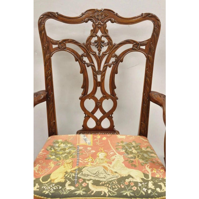 Traditional Late 20th Century Maitland Smith Georgian Carved Mahogany Needlepoint Dining Arm Chairs - A Pair For Sale - Image 3 of 11