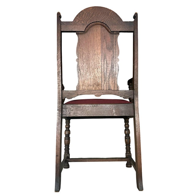 Antique 1920s Spanish Revival Oak Dining Chairs With New Burgundy Seat Upholstery - Set of 6 For Sale - Image 4 of 7