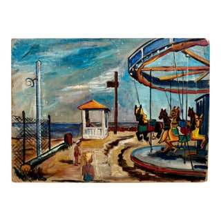 Henry Emil Salloch Original Watercolor on Paper Seaside Boardwalk Carousel in the Evening, 1945. For Sale