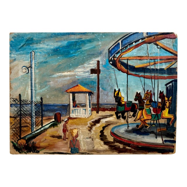 Henry Emil Salloch Original Watercolor on Paper Seaside Boardwalk Carousel in the Evening, 1945. For Sale