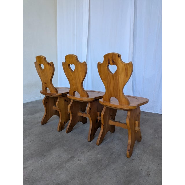 Vintage Tyrolean Wooden Heart Cut-Out Backrest Farmhouse Chair, 1970s, Set of 3 For Sale - Image 4 of 18