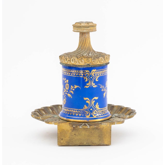 Metal French Porcelain and Bronze Encrier a Pompe For Sale - Image 7 of 8