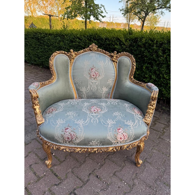 1950 French Louis XVI Gold Beech Damask Settee - 1 Pc For Sale - Image 11 of 14