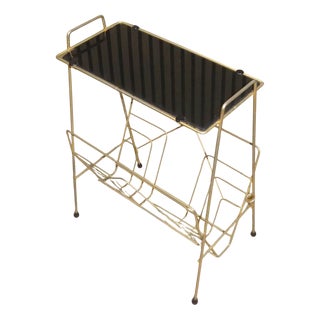 French String Newspaper Rack in Brass and Black Glass, 1960s For Sale