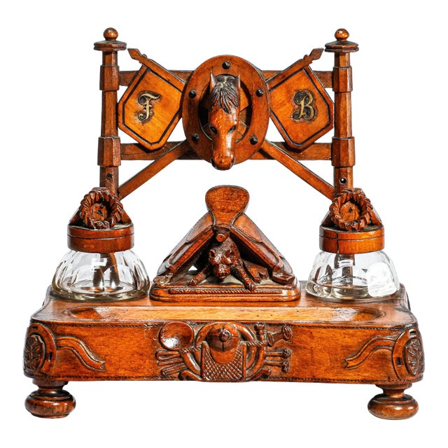 Unique Victorian Hand Carved Horse Equestrian Theme Antique Double Inkwell Desk Inkstand For Sale