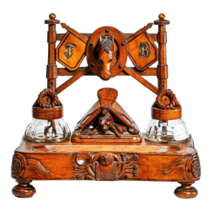 Unique Victorian Hand Carved Horse Equestrian Theme Antique Double Inkwell Desk Inkstand