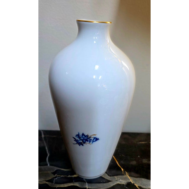 Traditional Vintage Miessen Floral Blue and Gold on White Vase For Sale - Image 3 of 6