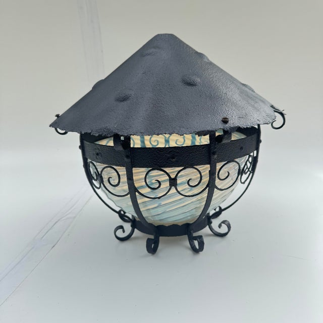 Circa 1920s-1940s Hand-Forged Wrought Iron Lantern With Blue Opalescent Art Glass Shade For Sale - Image 12 of 12