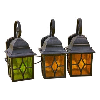 Vintage Street Lamps in Stained Glass and Metal, Set of 3 For Sale