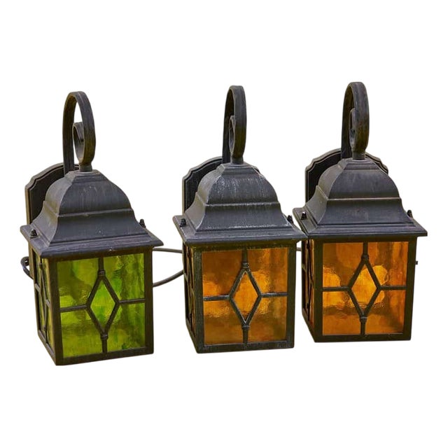 Vintage Street Lamps in Stained Glass and Metal, Set of 3 For Sale