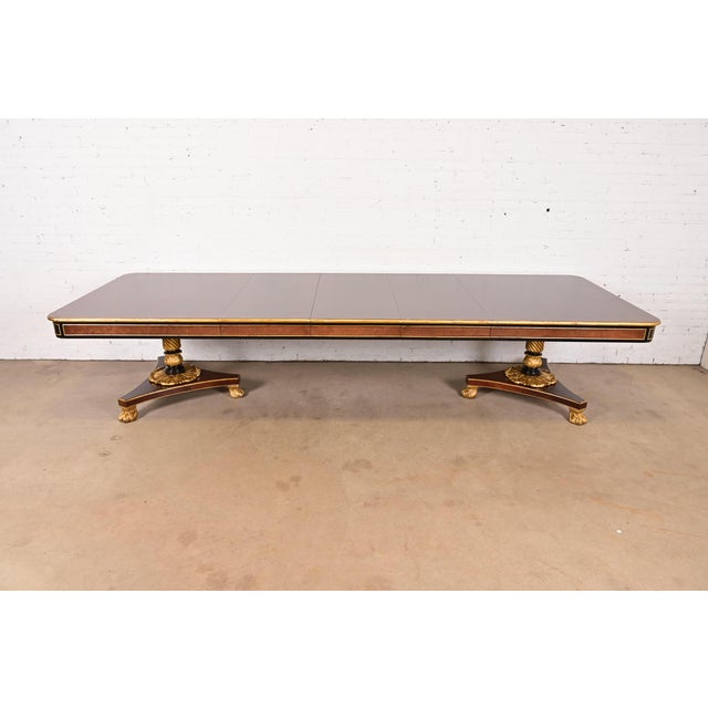 Baker Furniture Stately Homes Collection Mahogany, Burl Wood, and Parcel-Gilt Double Pedestal Extension Dining Table, Newly Restored For Sale - Image 18 of 18
