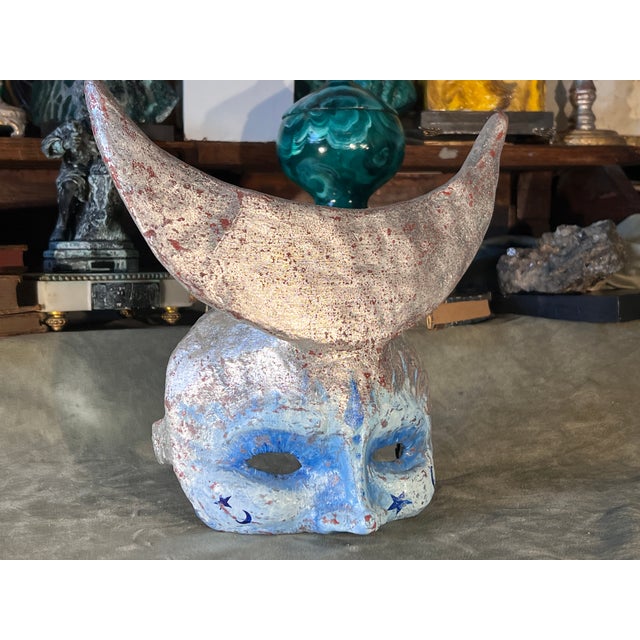 Rare Venetian Baroque Style Handmade Paper Mache Silver Gilded & Painted Moon Mask For Sale - Image 9 of 11