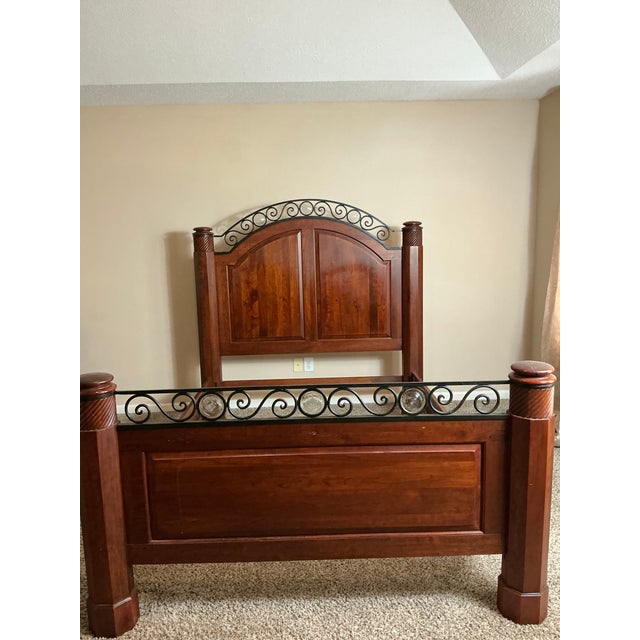 Wood 1990s Queen Bed Frame – Solid Wood & Wrought Iron Scroll, Carved Posts For Sale - Image 7 of 8