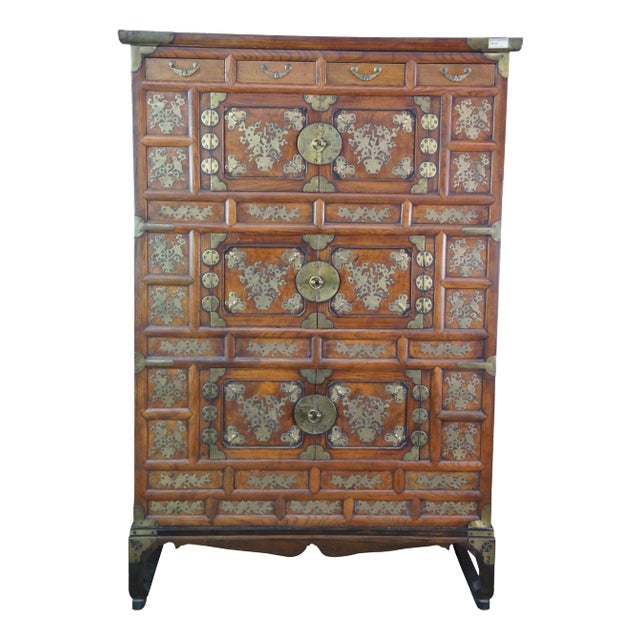 Antique Korean Elm Brass Bound Bandaji Nong Tansu Scholars Chest Wedding Cabinet For Sale