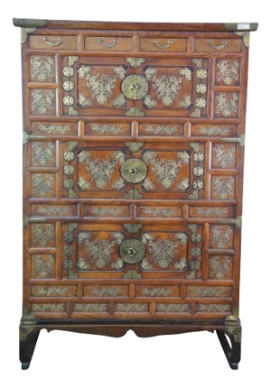 Antique Korean Elm Brass Bound Bandaji Nong Tansu Scholars Chest Wedding Cabinet