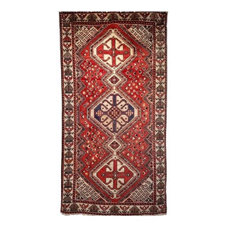 Vintage Persian Shiraz Tribal Area Rug, Hand-Knotted Wool, Geometric Pattern, Red & Ivory, 5x10 For Sale