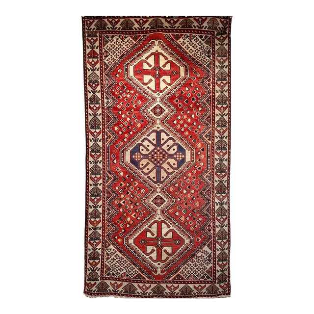 Vintage Persian Shiraz Tribal Area Rug, Hand-Knotted Wool, Geometric Pattern, Red & Ivory, 5x10 For Sale
