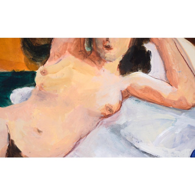 Nude Model on a White and Blue Bed in Acrylic on Paper by Katherine Kallick For Sale - Image 4 of 7