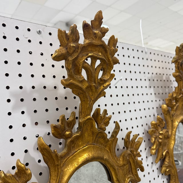 1960s Pair Vintage Mid Century Italian Florentine Gold Gilt Wall Mirrors Sconce Style For Sale - Image 5 of 12