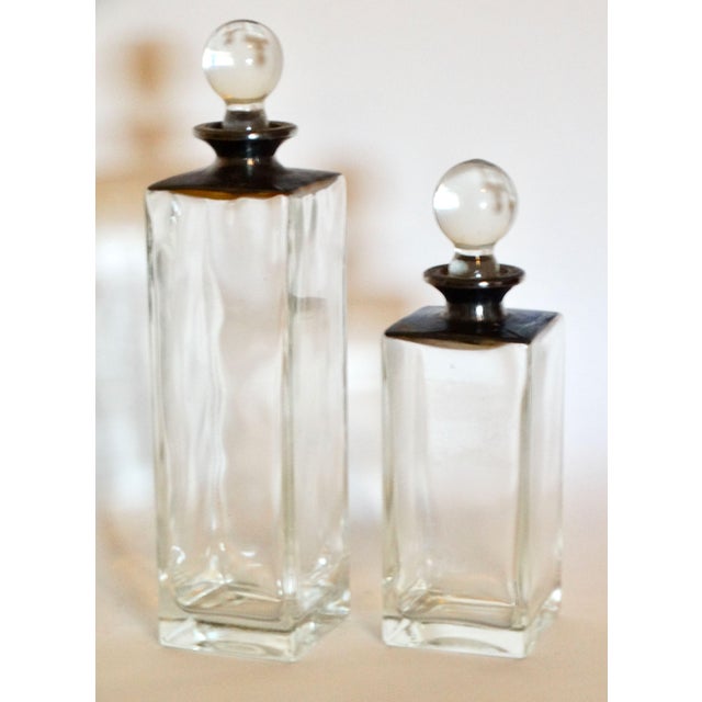 Mid-Century Modern Apothecary Vanity Cut Glass Jars, Silver Plate Accents, Set of 2, Minimalist For Sale - Image 3 of 7