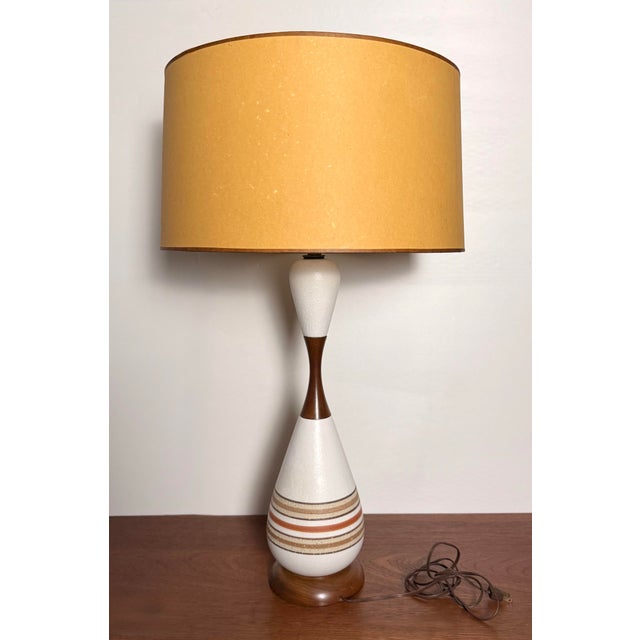 Mid-Century Modern Pair of Mid-Century Modern Ceramic & Wood Table Lamps With Original Vintage Shades, C. 1960s For Sale - Image 3 of 4