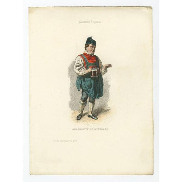 Antique costume print titled 'Aubergiste de Miesbach'. Old print depicting an innkeeper from Miesbach, Germany. This print...