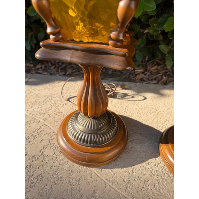 Vintage Matching Wood Table Lamps With Amber Glass Night Lights - a Pair For Sale - Image 9 of 12