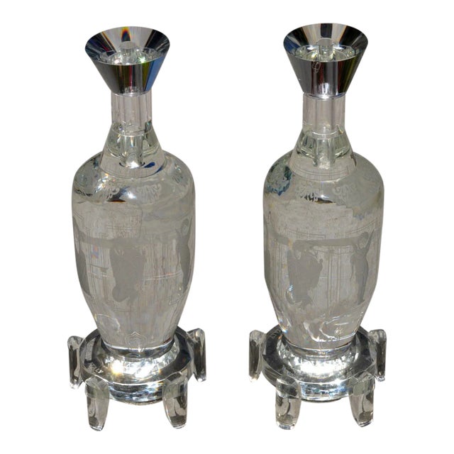 Pair of Large and Heavy Italian Solid Clear Crystal Candlesticks With Etched Art For Sale