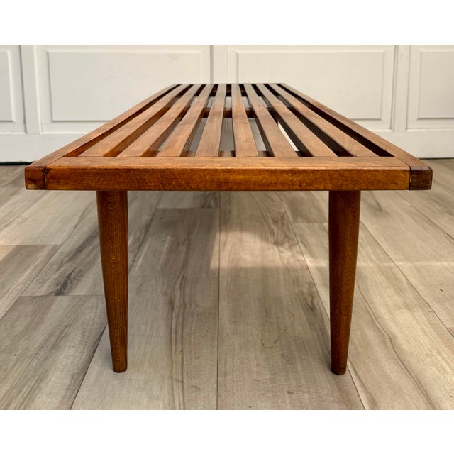 Vintage Scandinavian Modern Slatted Wood Bench Made in Yugoslavia For Sale In Los Angeles - Image 6 of 13