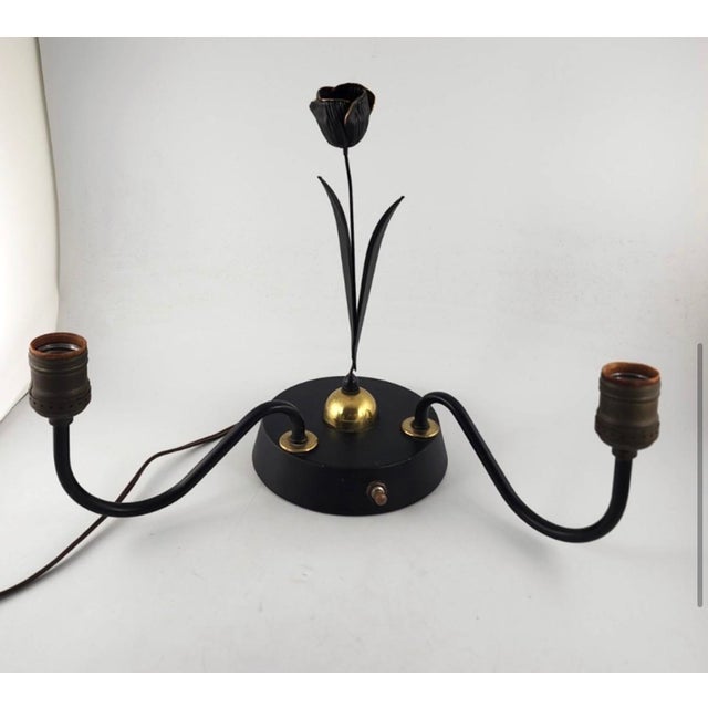 Mid 20th Century Mid Century Brass Desk Lamp in Black Finish - Center Tulip Flower Motif For Sale - Image 5 of 12