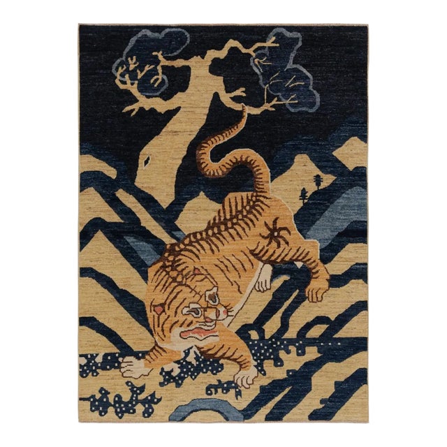Rug & Kilim’s Modern Peking “Tiger” Pictorial Rug in Navy Blue and Gold For Sale