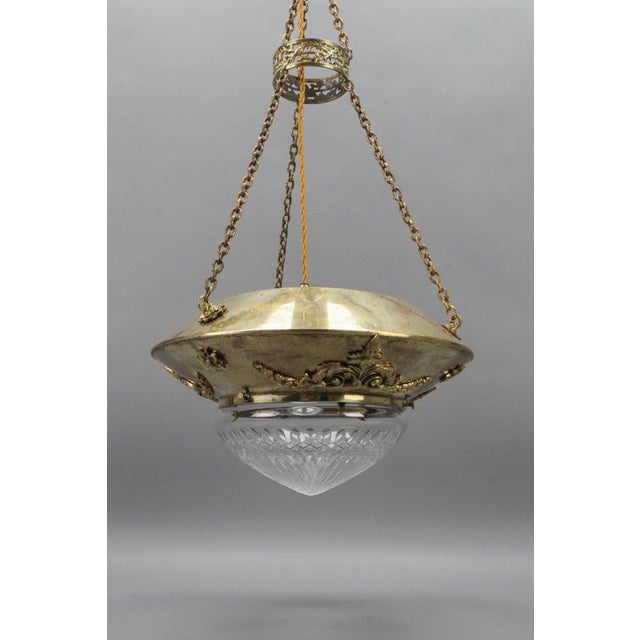French Brass and Bronze Pendant Light with Cut Glass Lampshade, 1900s For Sale - Image 6 of 18