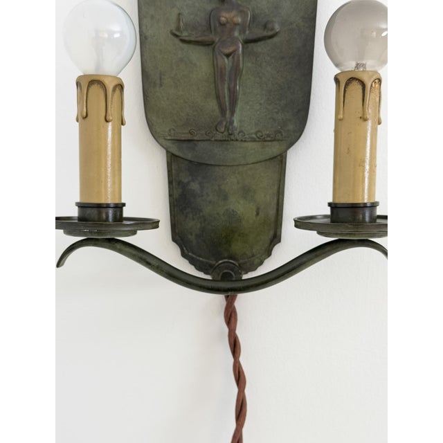 Swedish Grace Patinated Bronze Wall Sconce with Classical Female Relief, 1940 For Sale - Image 4 of 6