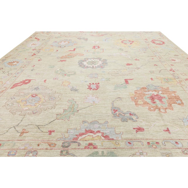 Hand-Knotted Modern Oushak Style Wool Rug – Muted Pastel Floral Transitional For Sale - Image 10 of 11