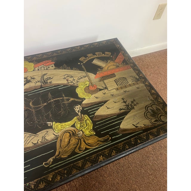 Early 20th Century Chinoiserie Black Hand-Painted, Trestle Coffee Table For Sale - Image 9 of 12